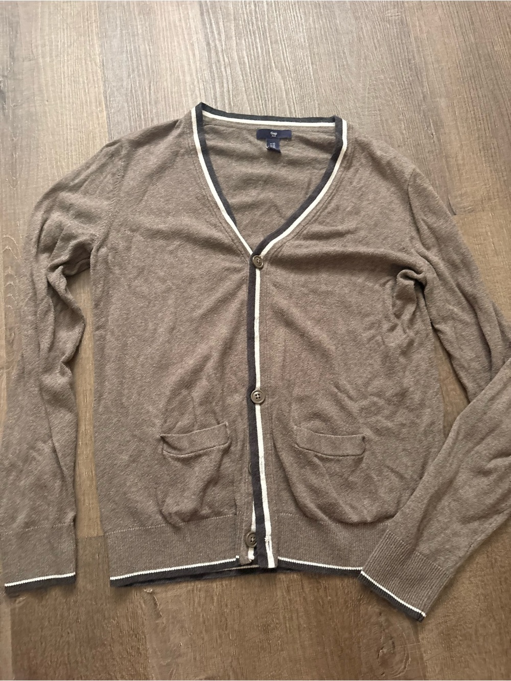 Men's GAP Brown V-Neck Cardigan Sweater with Contrast Trim